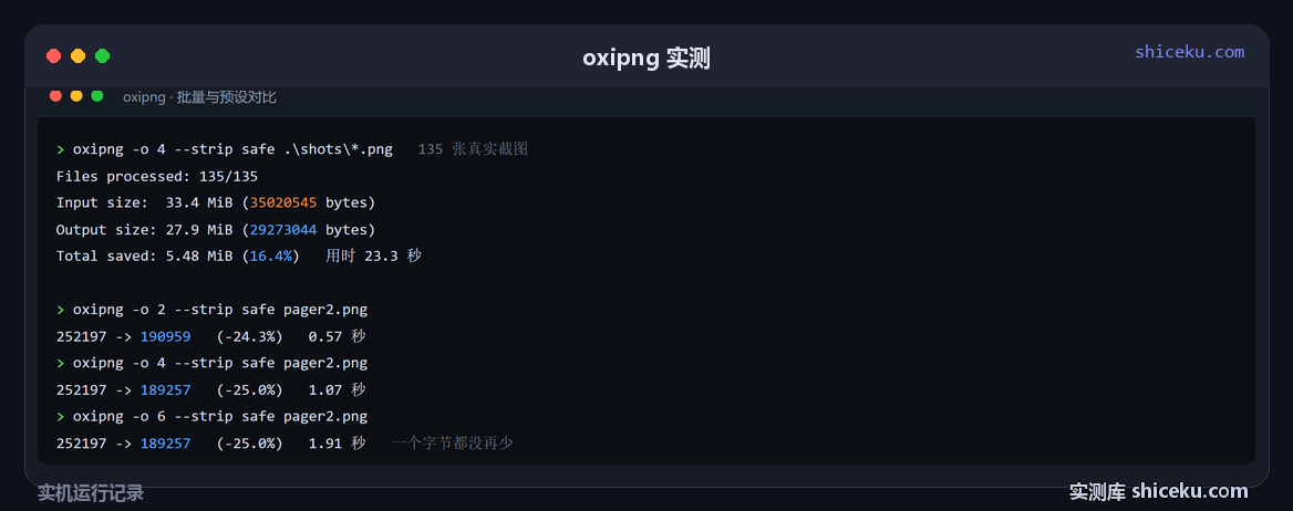 oxipng：先用预设对比单张，再整批跑 135 张截图的实测截图