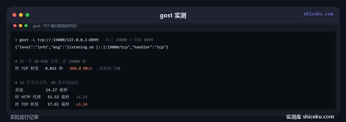 gost：起 TCP 端口转发，量吞吐与延迟的实测截图