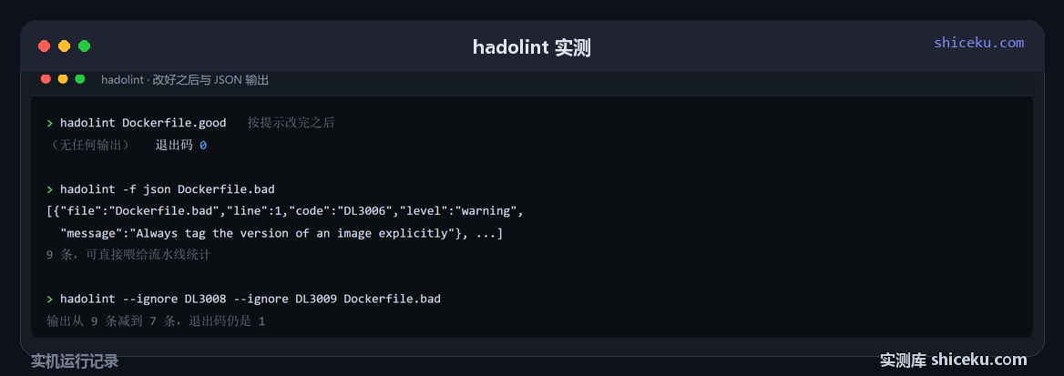 hadolint：按提示改完后输出为空，再试 JSON 与忽略规则的实测截图