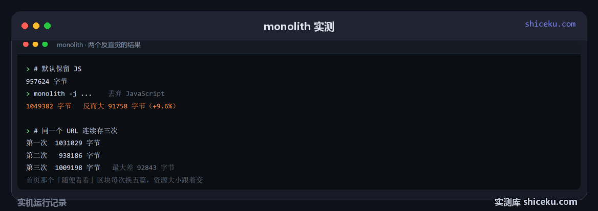 monolith:丢弃 JS、同一页面连存三次的实测截图