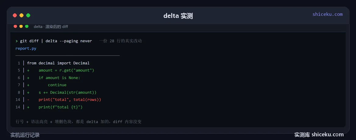 delta:拿一份真实 diff 渲染,看加了多少东西的实测截图