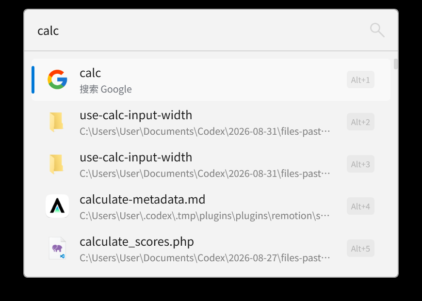 Flow.Launcher：按 Alt+Space 搜 calc的实测截图