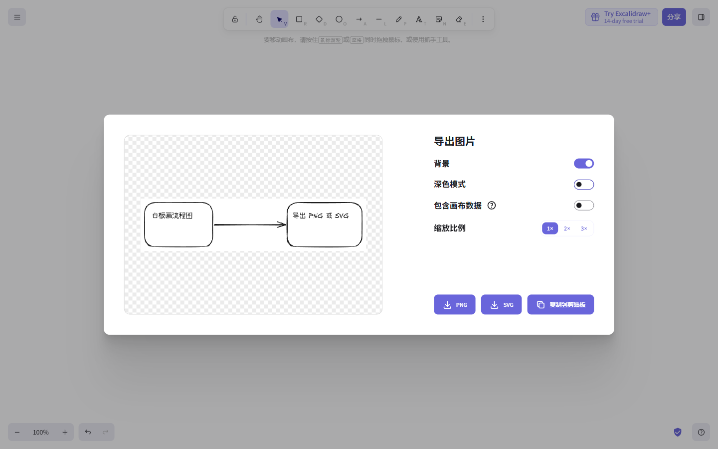 Excalidraw 0.18.0:导出图片面板,含实时预览、4 个开关、3 档倍率与 PNG / SVG 按钮
