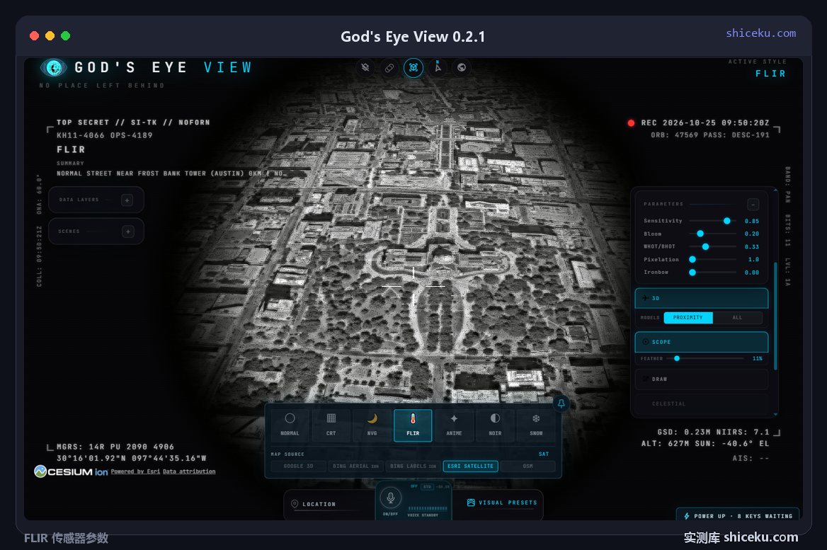 God's Eye View 0.2.1：FLIR 风格下的传感器参数面板，含 Sensitivity、Bloom、Pixelation 等五个滑杆