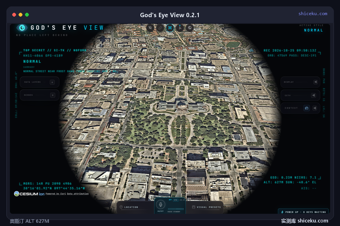 God's Eye View 0.2.1：城市视图，ALT 627M、GSD 0.23M、NIIRS 7.1，画面套一个圆形取景框