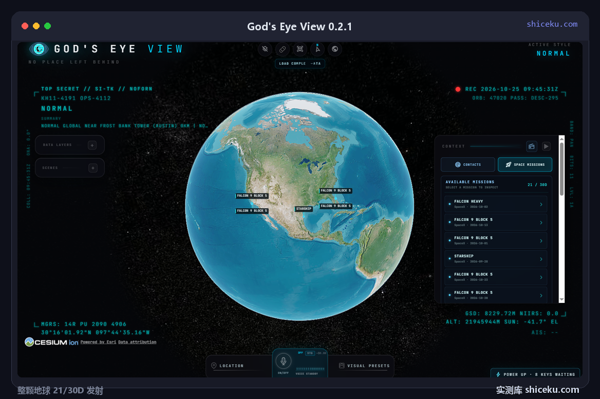 God's Eye View 0.2.1：整颗地球与右侧太空任务列表，顶部显示 21 / 30D