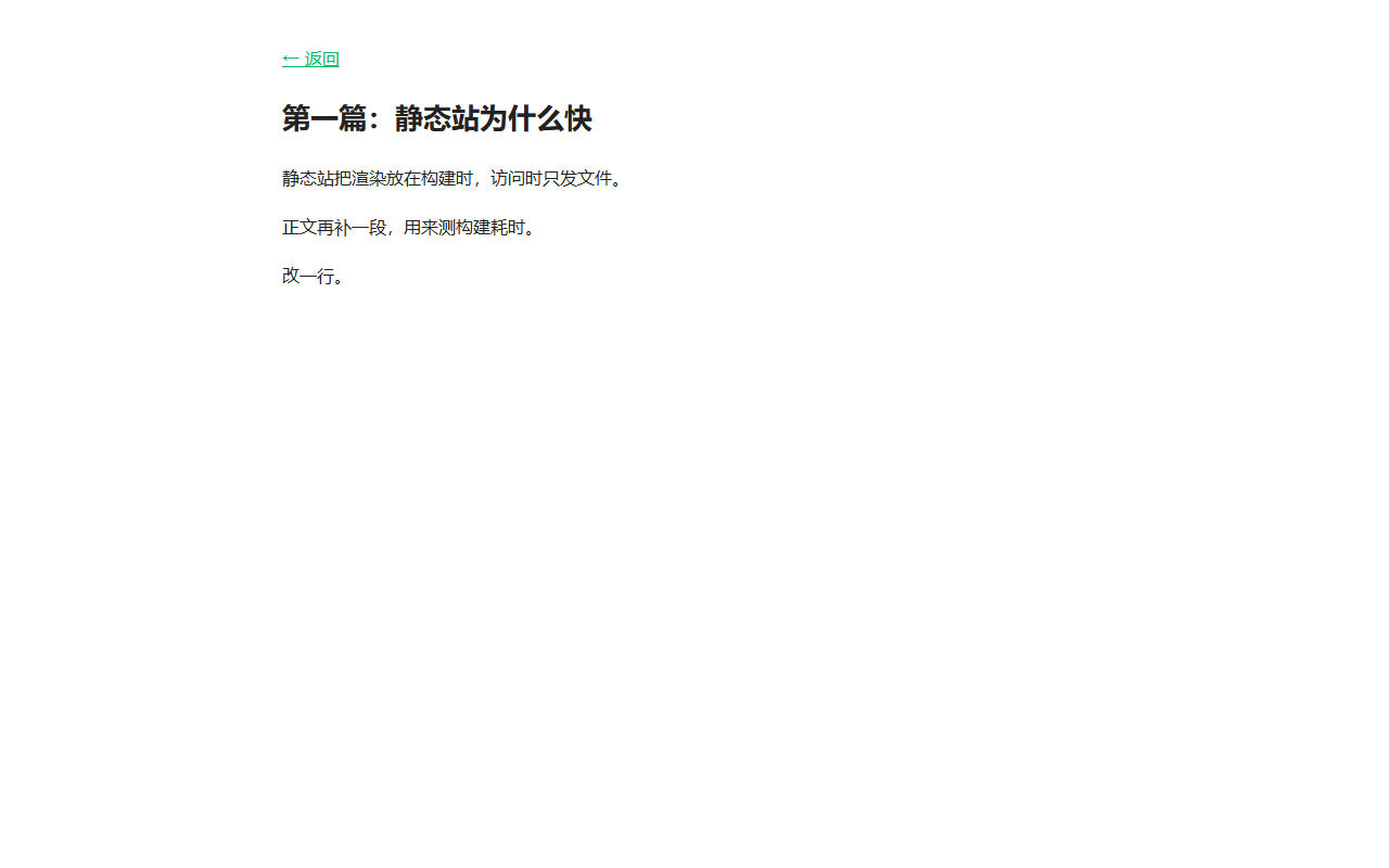 文章页 /posts/first/：标题与正文，模板只写了返回链接、标题和内容三部分