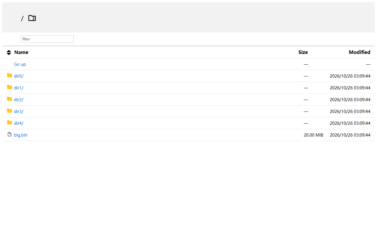 rclone serve webdav 的目录页：filter 输入框加五个子目录和一个 20.00 MiB 的文件，带大小与修改时间两列