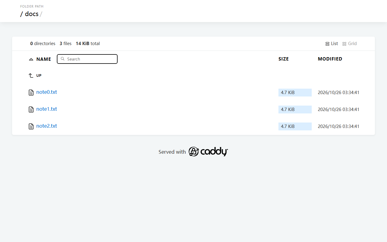 Caddy file_server browse 生成的目录页：路径面包屑、3 files 14 KiB total、Name 与 Size 加 Modified 三列，底部 Served with caddy