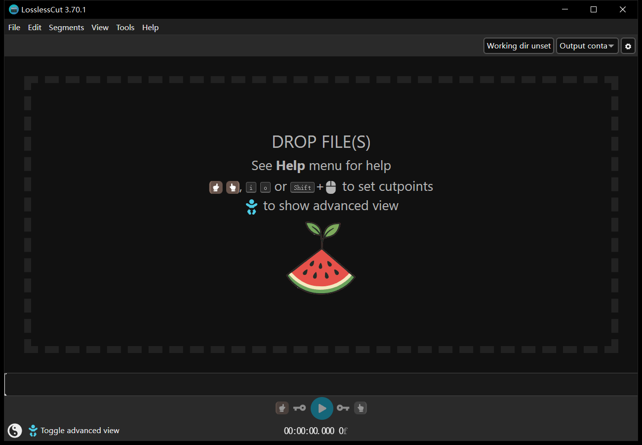 LosslessCut v3.70.1 空窗口:虚线框里写着 DROP FILE(S),底部是播放控制与时间码