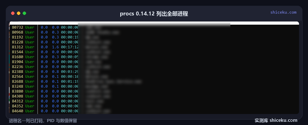 procs 0.14.12 listing every process: PID, user, CPU and memory percentages, CPU time, and the command column blurred before publishing