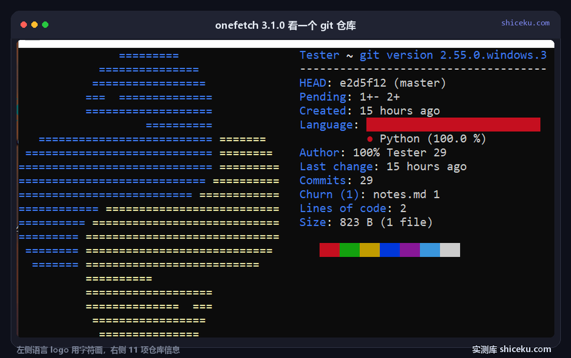 onefetch 3.1.0 在 29 个提交的测试仓库里:左侧字符画 logo,右侧 11 个字段含 HEAD、Pending、Commits 与语言占比