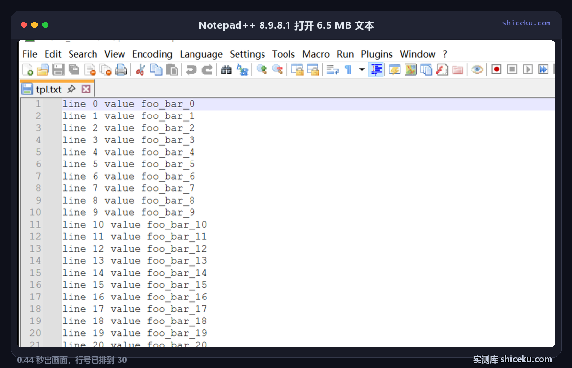 Notepad++ 8.9.8.1 便携版打开 6577780 字节文本：标题栏显示完整路径，标签页是 tpl.txt，左侧行号排到 30