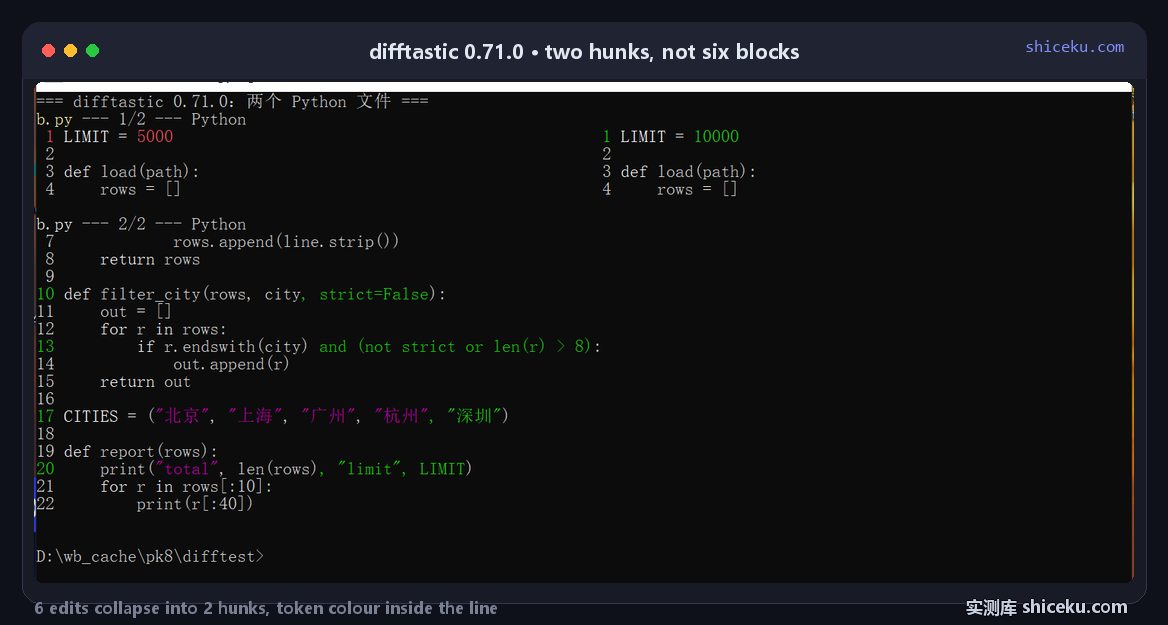 difftastic 0.71.0 comparing two Python files in a console: two hunks marked 1/2 and 2/2, removed tokens in red on the left, added tokens in green on the right, syntax highlighting with line numbers on both sides