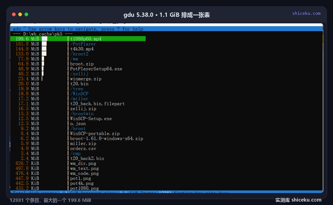 gdu 5.38.0 交互界面:每行一个横条加体积加文件名,按体积从大到小排,199.6 MiB 的 mp4 条形占满整行,目录名以斜杠结尾,底部状态栏显示 Total disk usage 1.1 GiB 与 Items 12881
