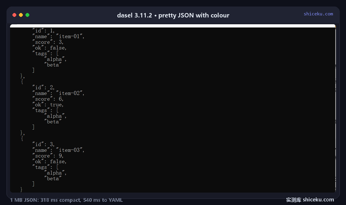 dasel 3.11.2 printing a JSON array of four records with syntax colour: keys in blue, strings in yellow, numbers in white, booleans in red, two-space indentation