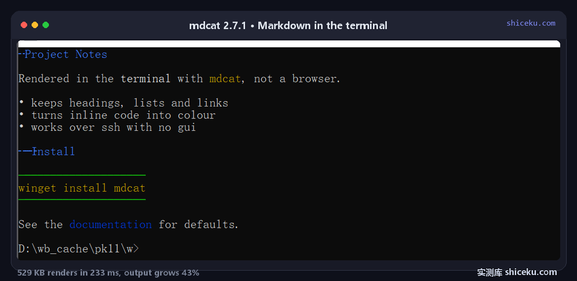 mdcat 2.7.1 rendering a Markdown file inside a Windows console: cyan underlined heading Project Notes, bold word terminal, inline code mdcat on a yellow band, green bullet list, a green fenced block containing winget install mdcat, and a blue underlined documentation link