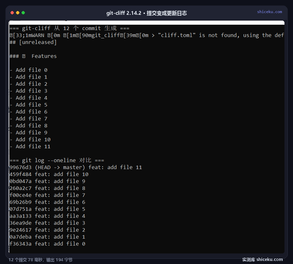 git-cliff 2.14.2 在一个有 12 个提交的仓库里输出的 changelog：顶部一行 WARN 提示 cliff.toml 未找到改用默认配置，正文是 ## [unreleased] 与 ### 🚀 Features，下面跟 12 条 - Add file 0 到 - Add file 11，下半段是 git log --oneline 的输出，每条带 7 位 hash 与 feat: 前缀