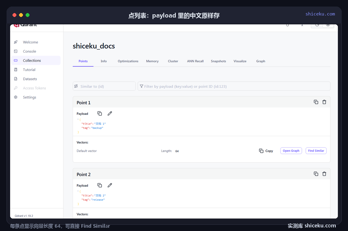 qdrant：写 200 个点的实测截图
